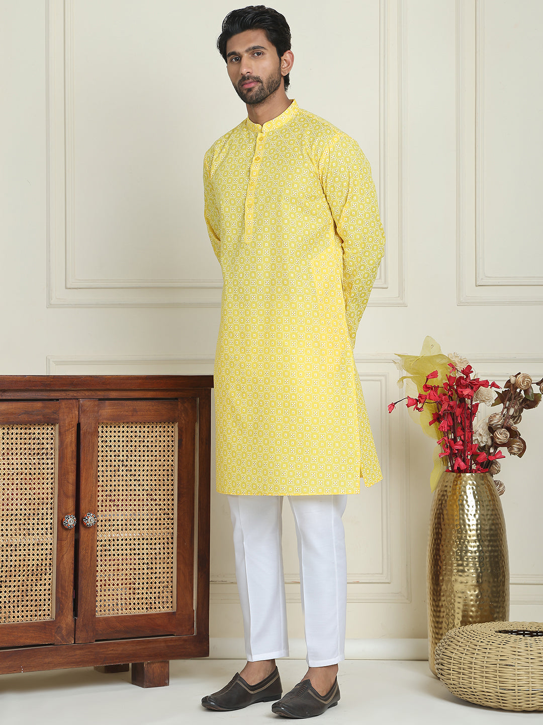 Men's Geometric Printed Kurta Set ( JOKP P 5198 Lemon )