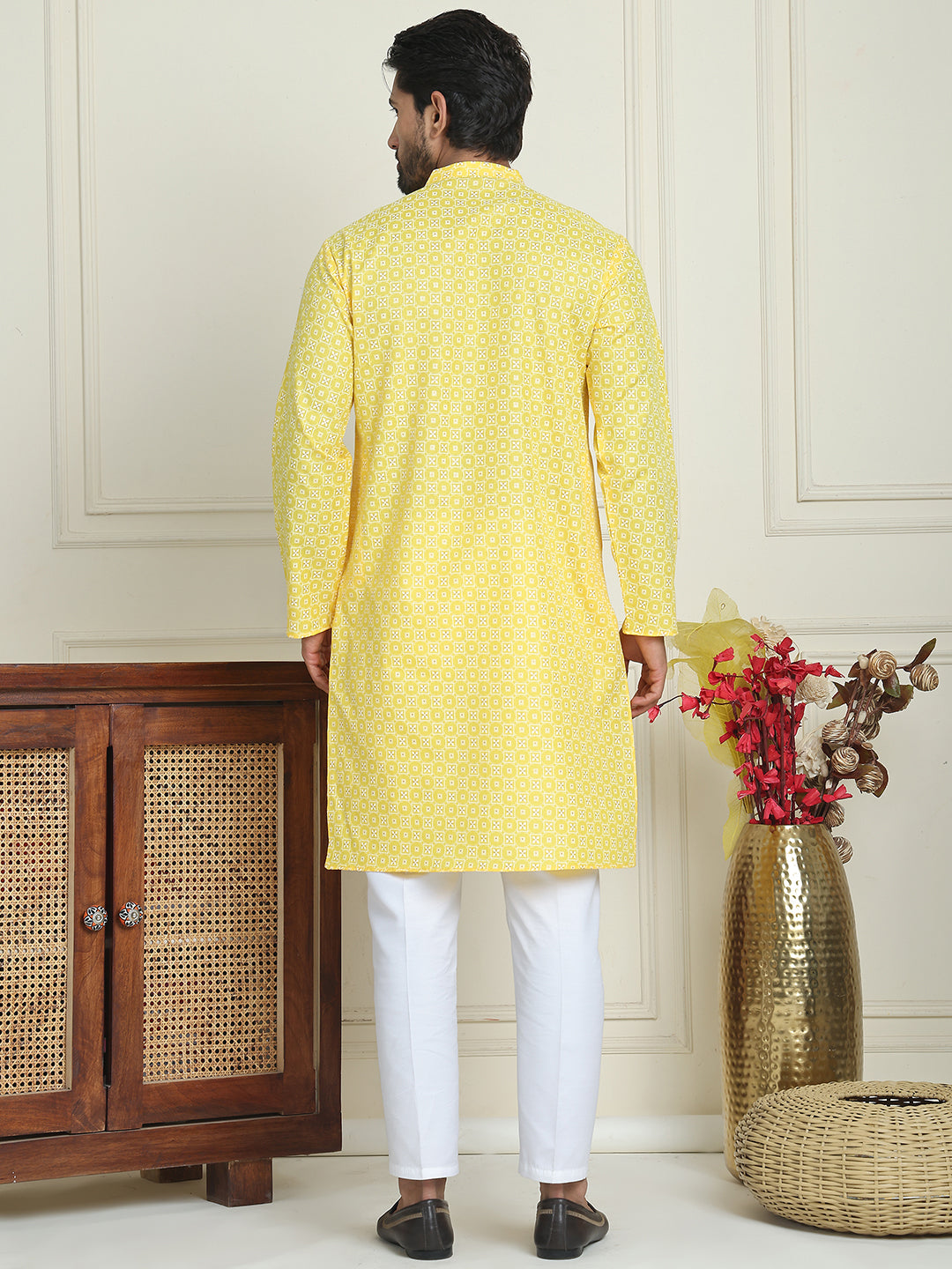 Men's Geometric Printed Kurta Set ( JOKP P 5198 Lemon )