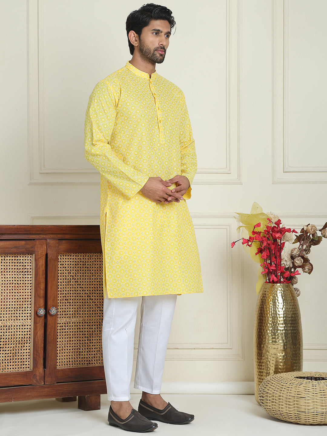 Men's Geometric Printed Kurta Set ( JOKP P 5198 Lemon )