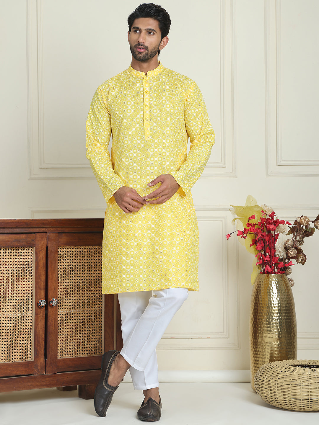 Men's Geometric Printed Kurta Set ( JOKP P 5198 Lemon )