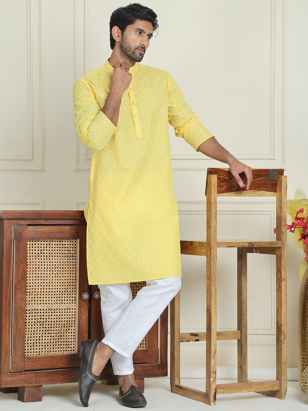 Men's Geometric Printed Kurta Set ( JOKP P 5198 Lemon )