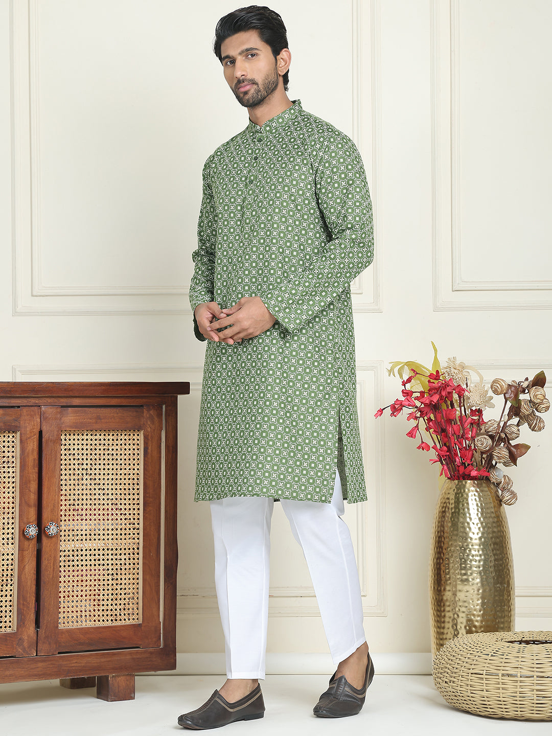 Men's Geometric Printed Kurta Set ( JOKP P 5198 Olive )