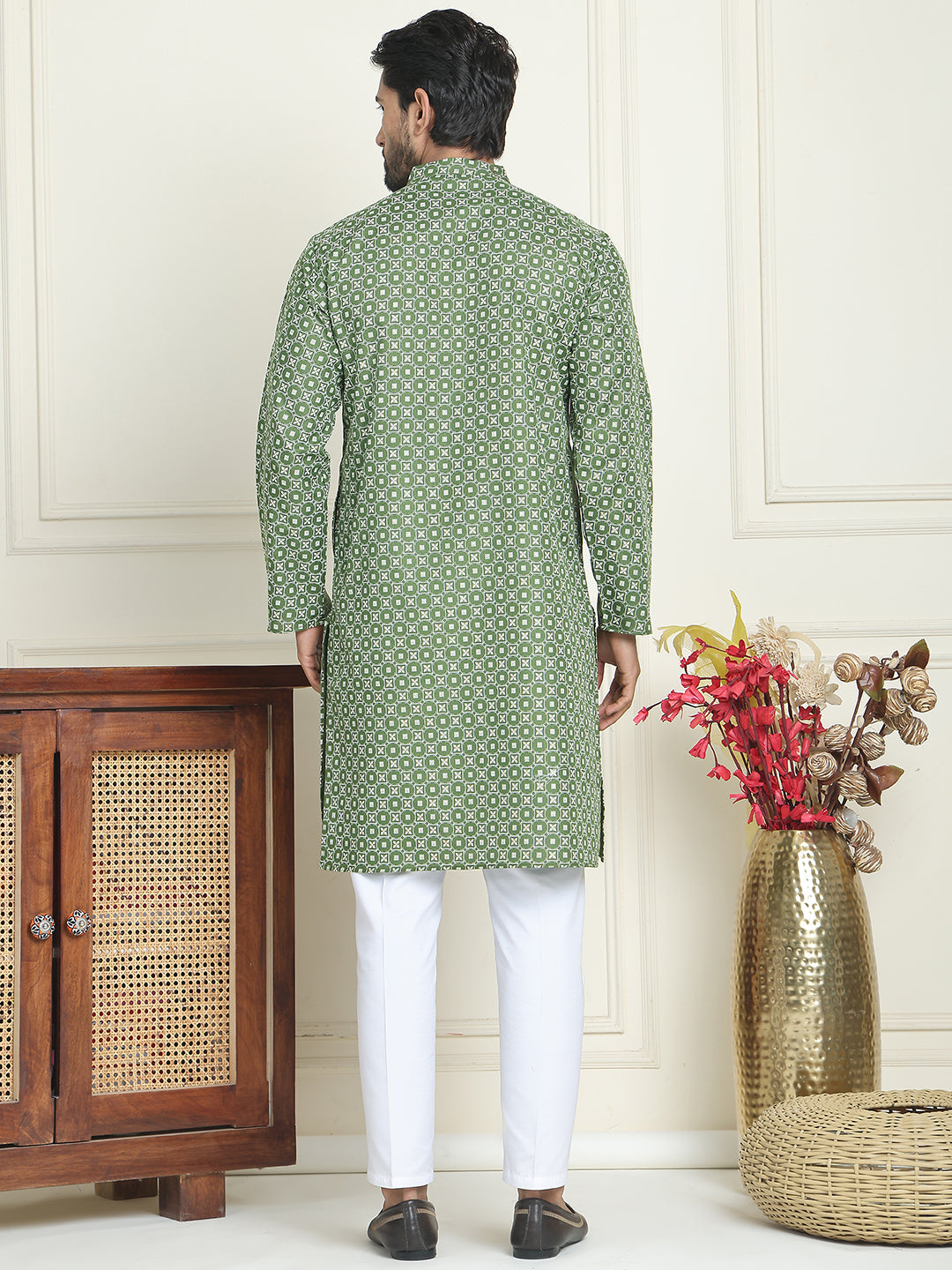 Men's Geometric Printed Kurta Set ( JOKP P 5198 Olive )