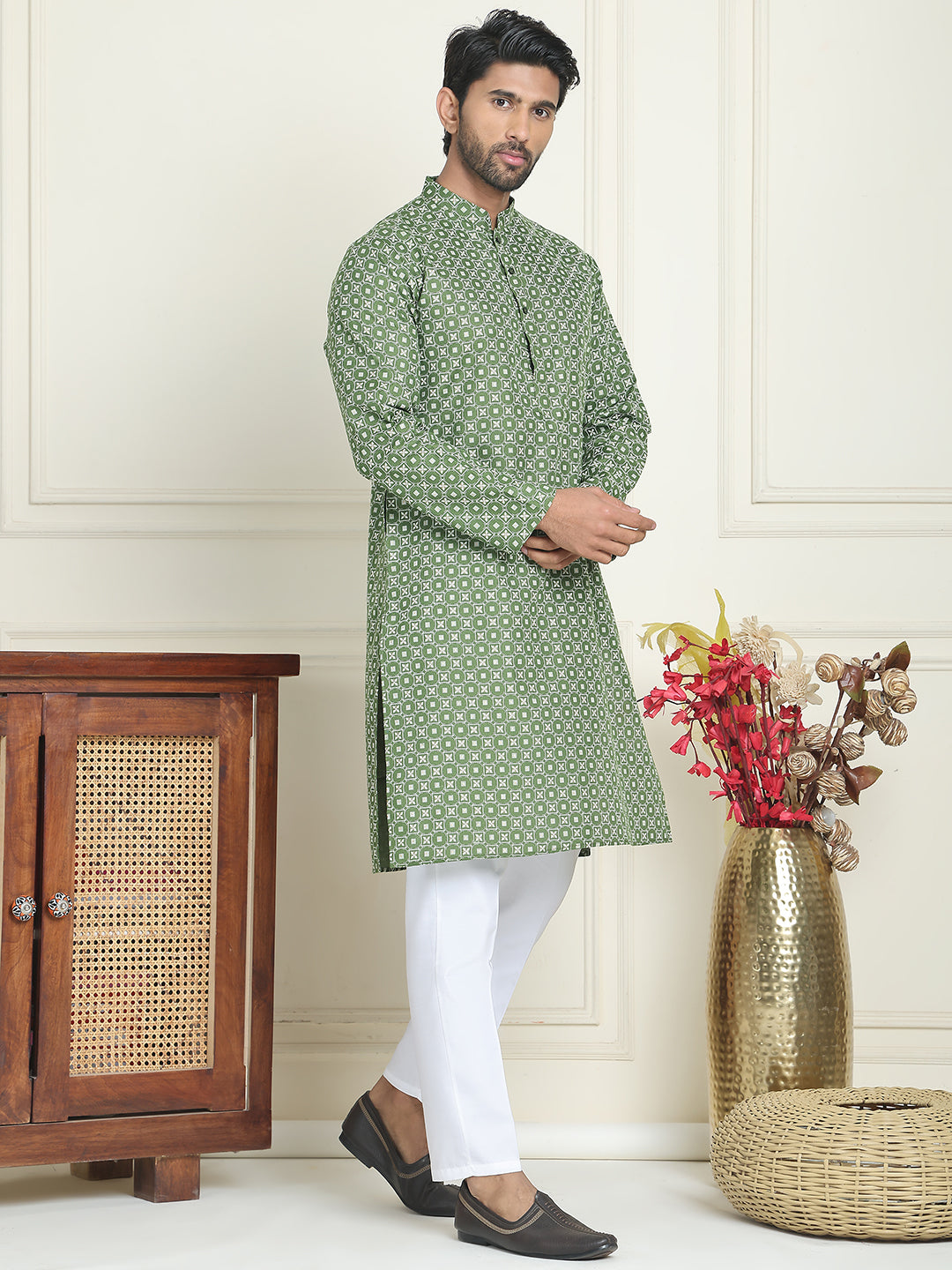 Men's Geometric Printed Kurta Set ( JOKP P 5198 Olive )