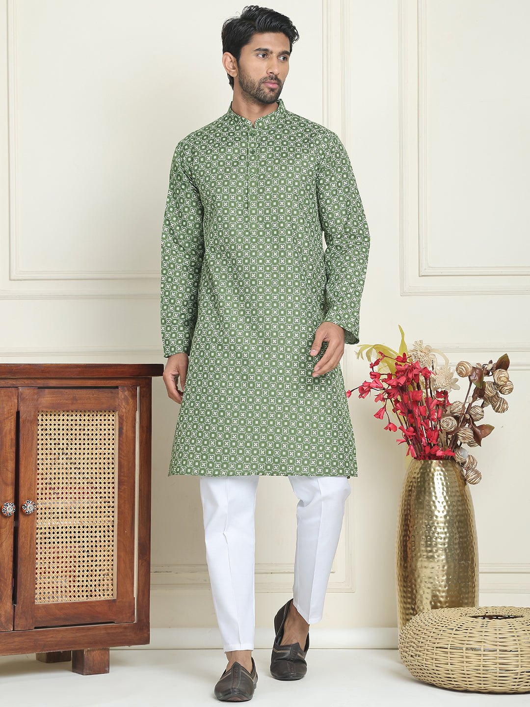 Men's Geometric Printed Kurta Set ( JOKP P 5198 Olive )