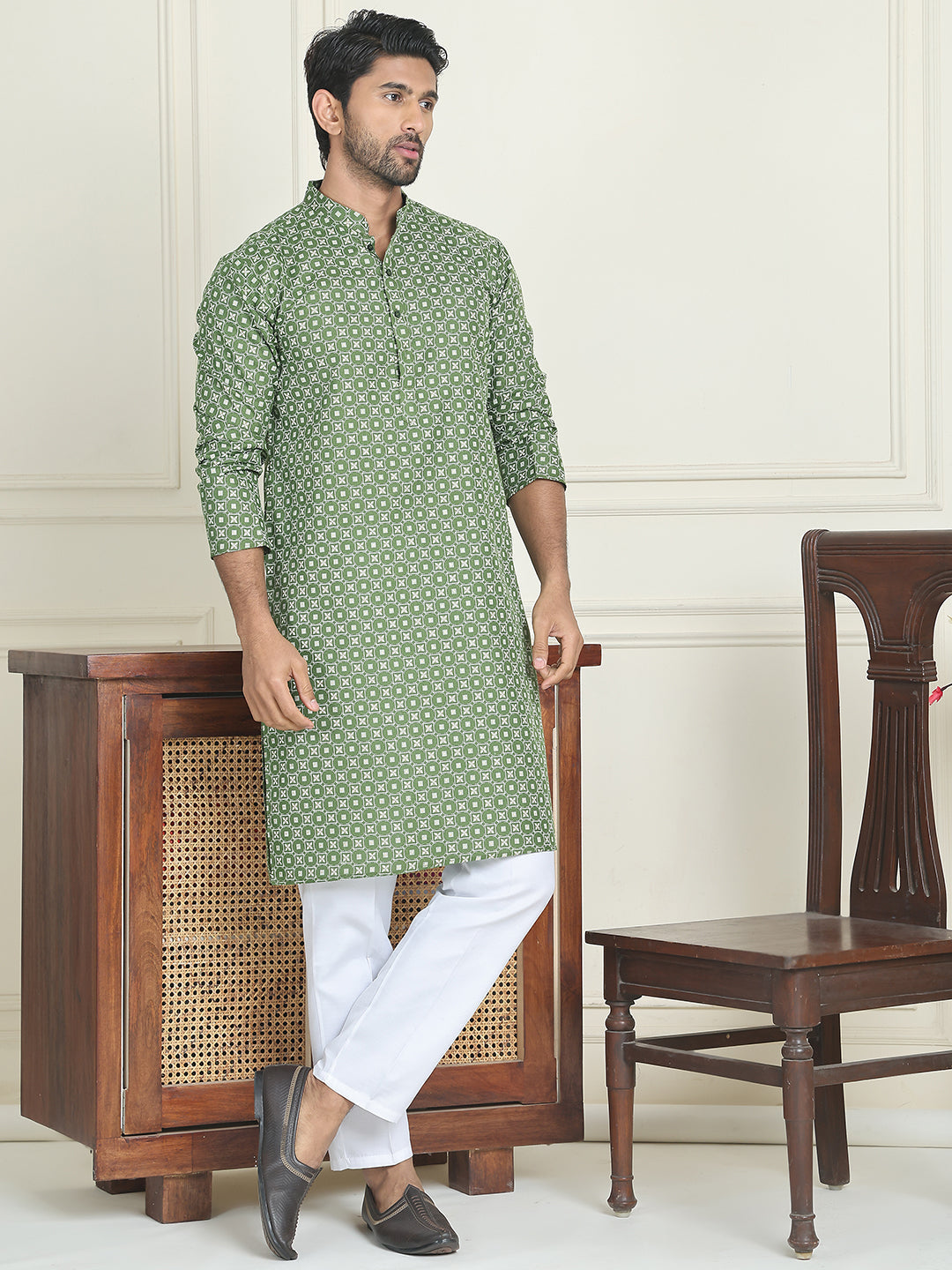 Men's Geometric Printed Kurta Set ( JOKP P 5198 Olive )