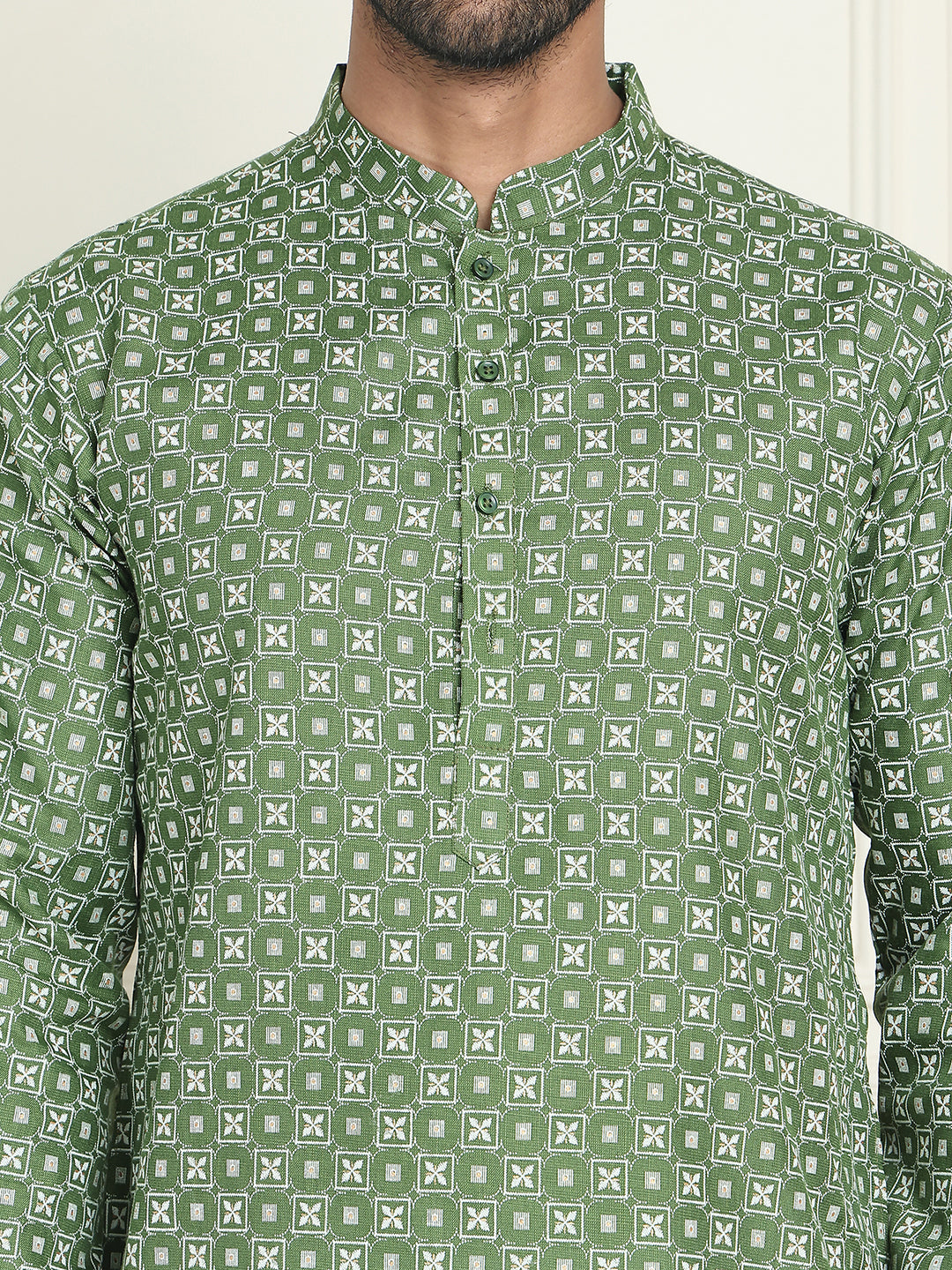 Men's Geometric Printed Kurta Set ( JOKP P 5198 Olive )