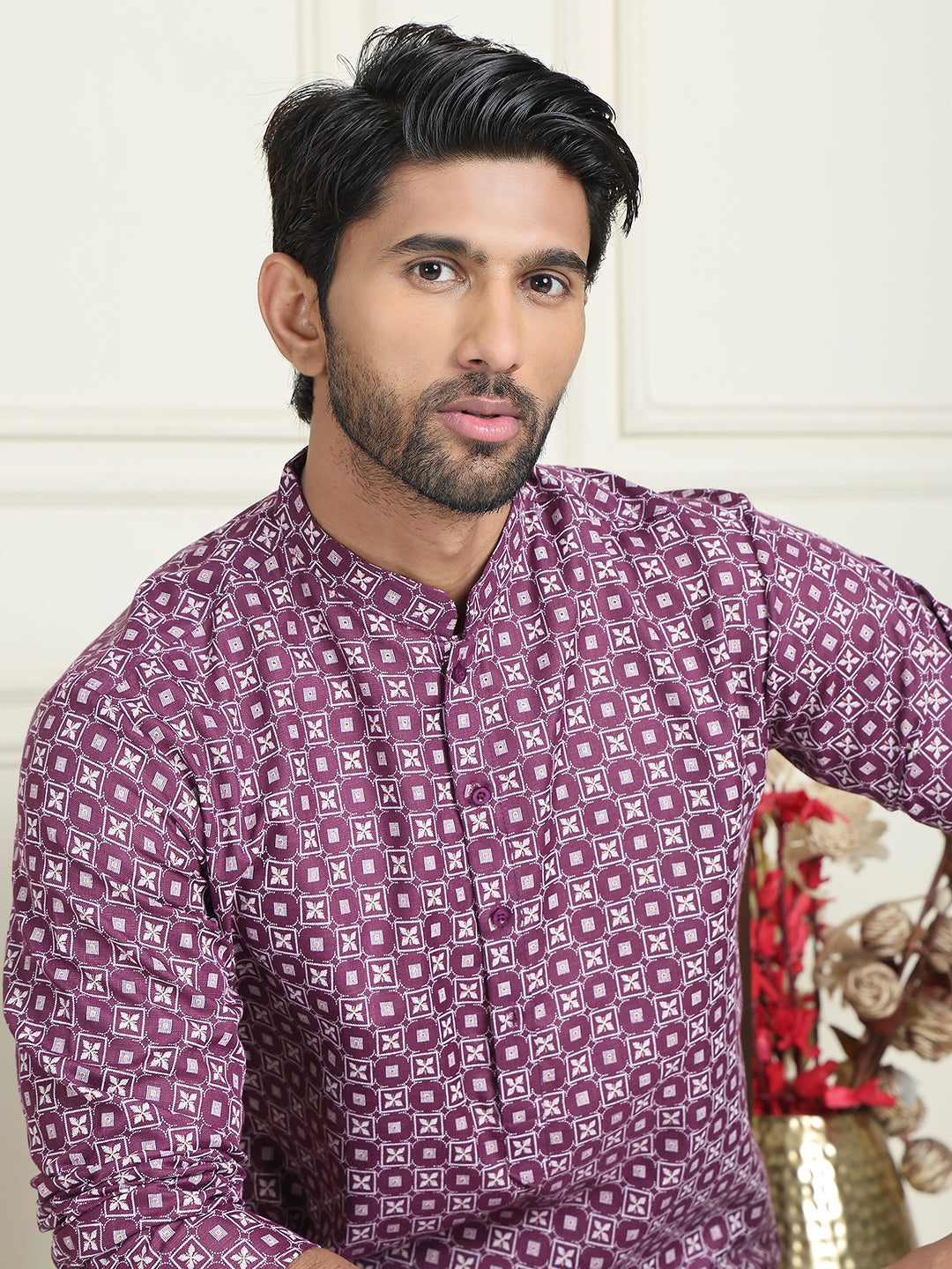 Men's Geometric Printed Kurta Set ( JOKP P 5198 Purple )