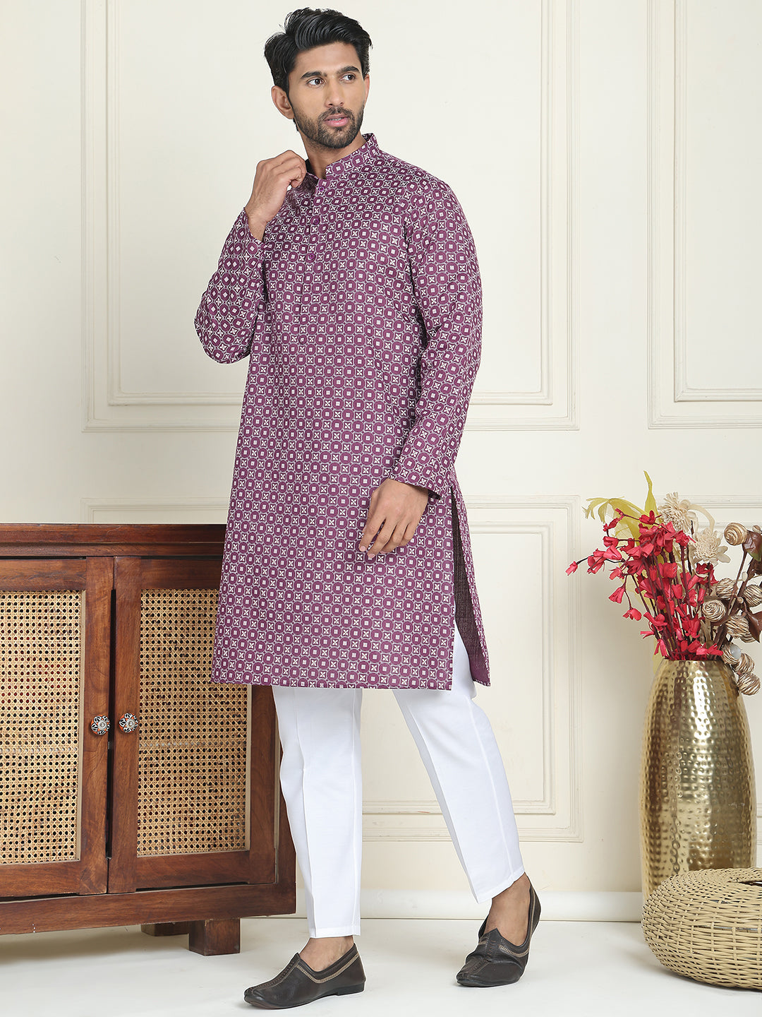 Men's Geometric Printed Kurta Set ( JOKP P 5198 Purple )
