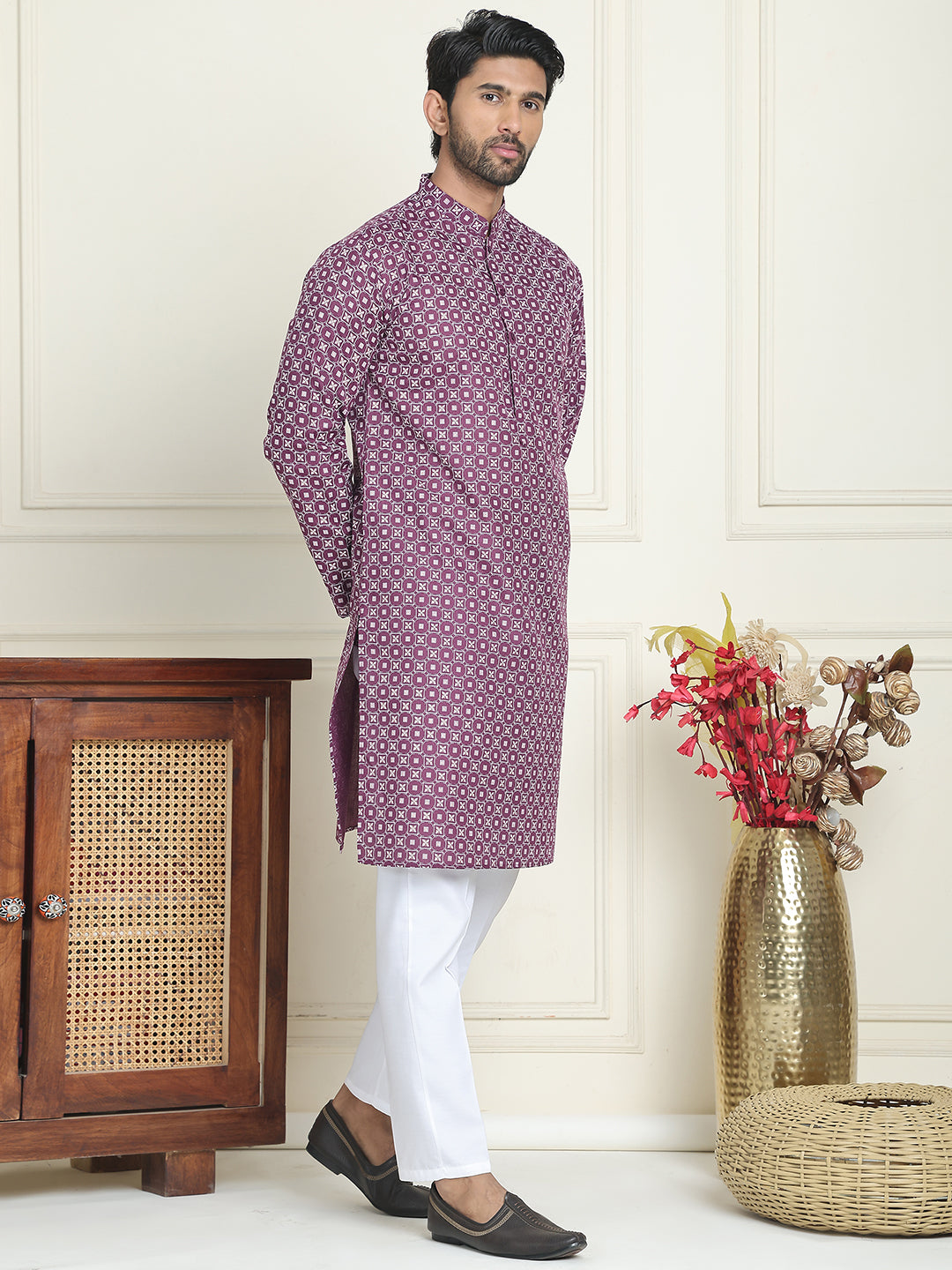 Men's Geometric Printed Kurta Set ( JOKP P 5198 Purple )