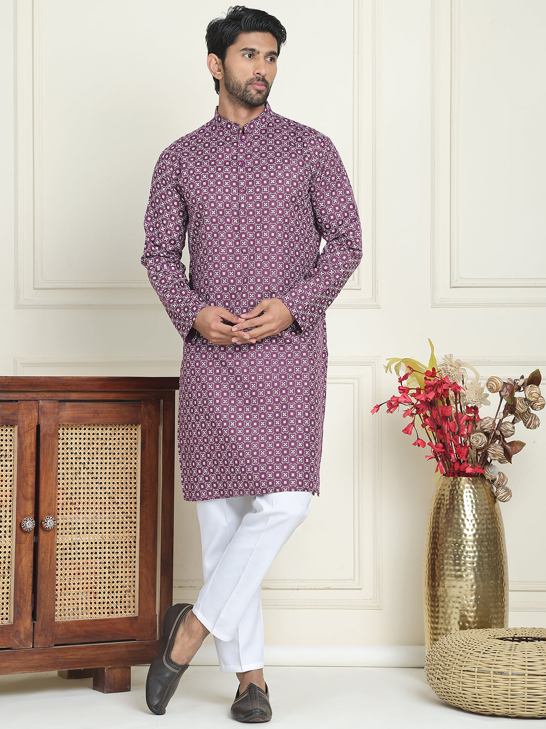 Men's Geometric Printed Kurta Set ( JOKP P 5198 Purple )