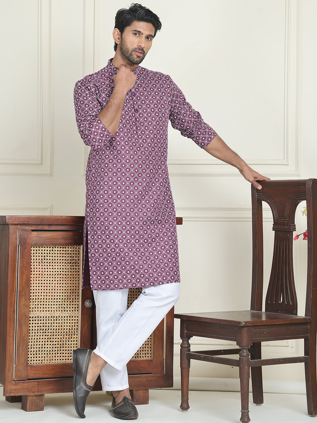 Men's Geometric Printed Kurta Set ( JOKP P 5198 Purple )