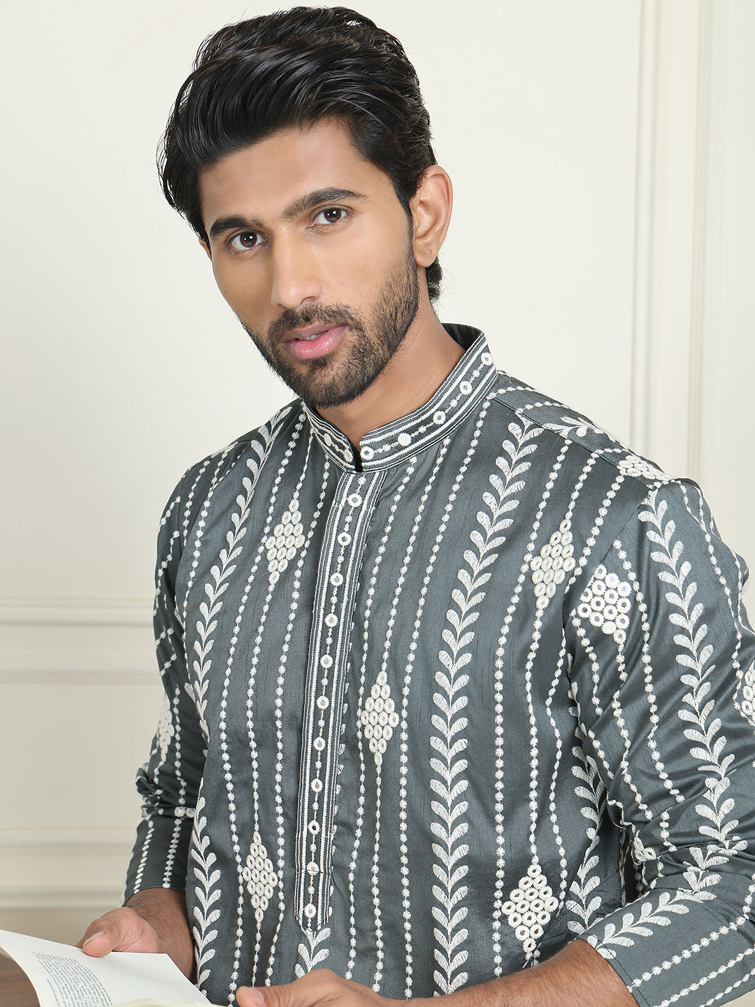 Embroidery and mirror work straight Kurta Set, ( JOKP P 5199 Grey )