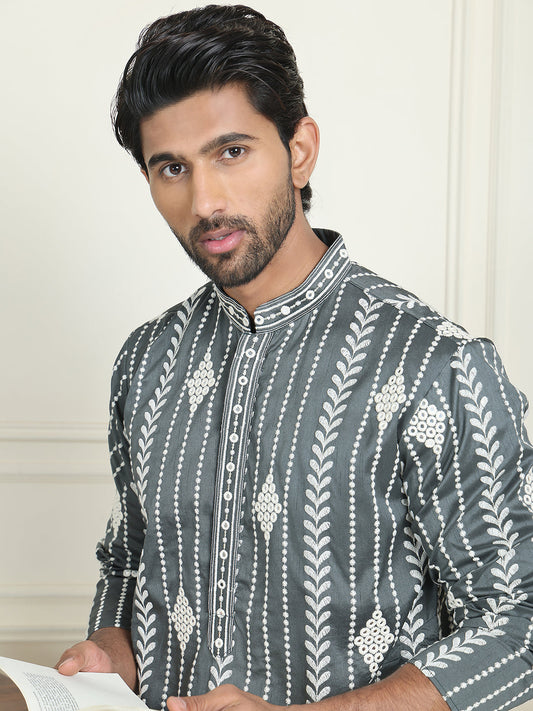 Embroidery and mirror work straight Kurta Set, ( JOKP P 5199 Grey )