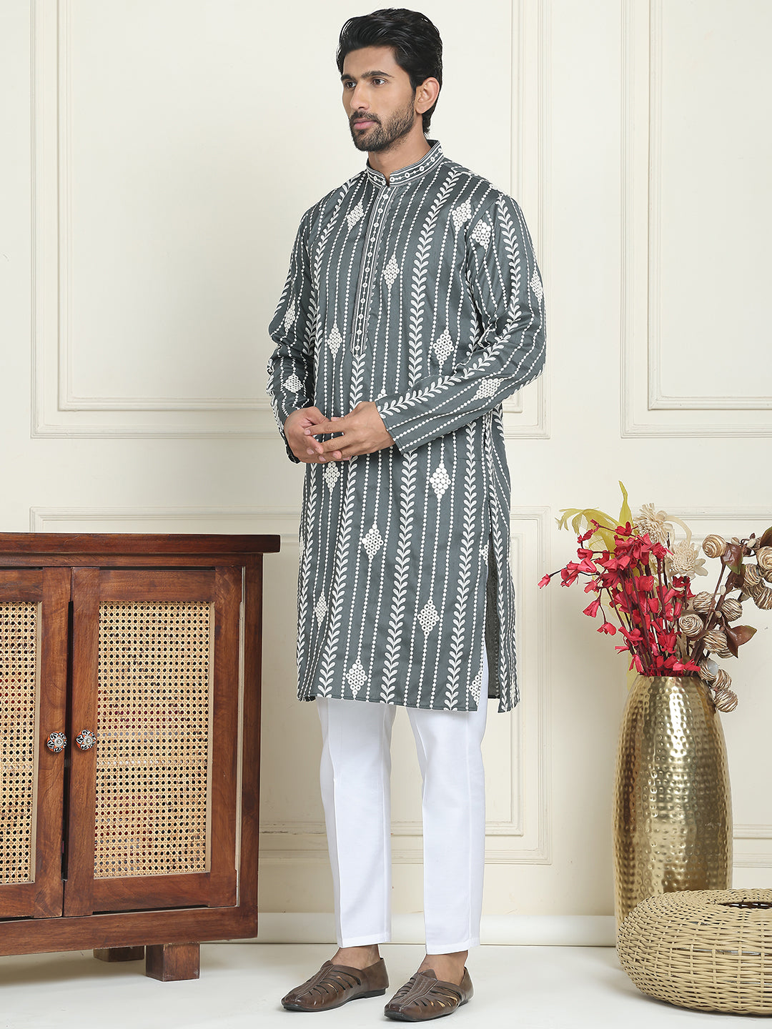 Embroidery and mirror work straight Kurta Set, ( JOKP P 5199 Grey )