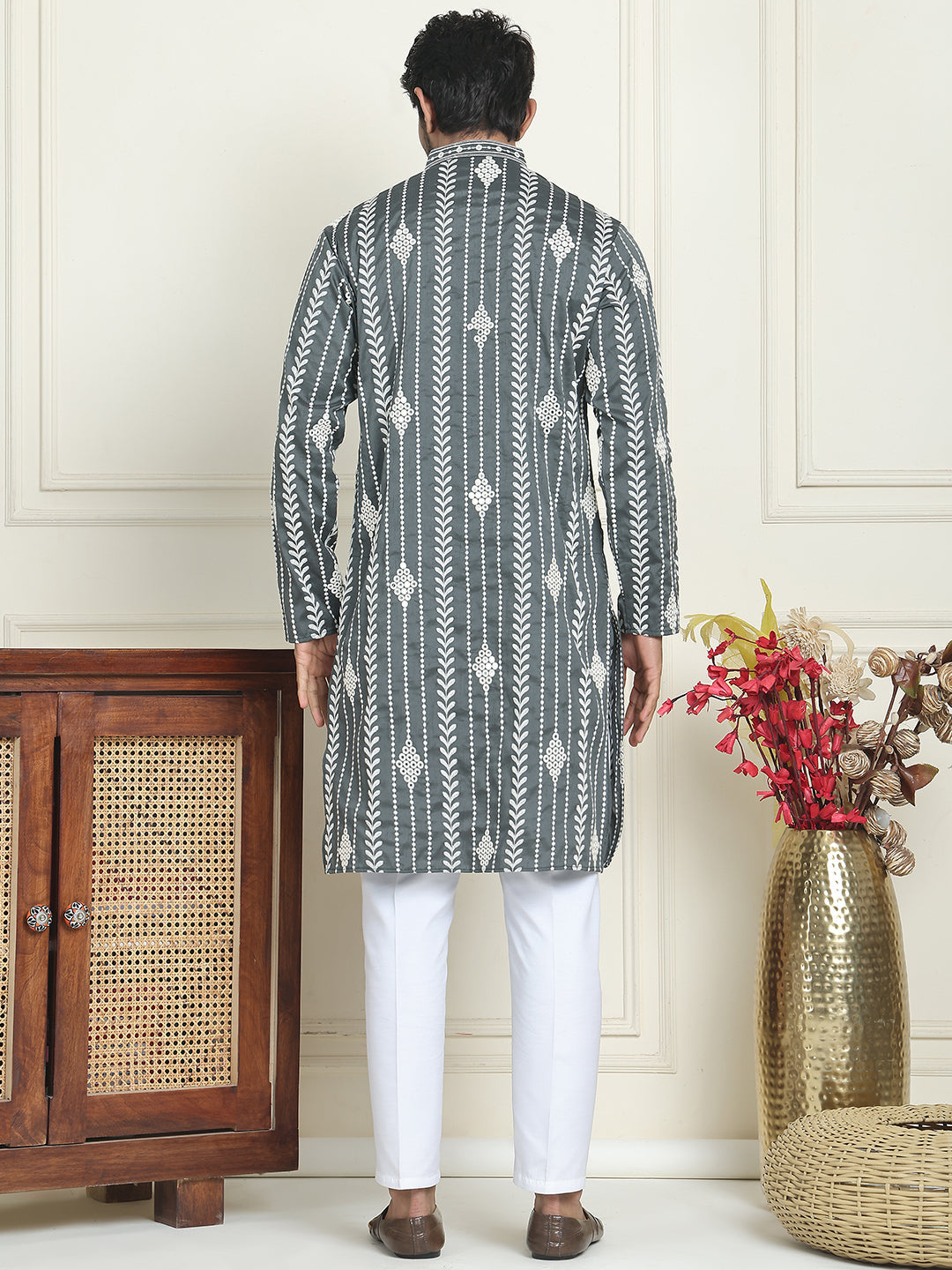Embroidery and mirror work straight Kurta Set, ( JOKP P 5199 Grey )