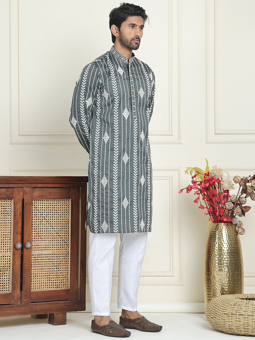 Embroidery and mirror work straight Kurta Set, ( JOKP P 5199 Grey )