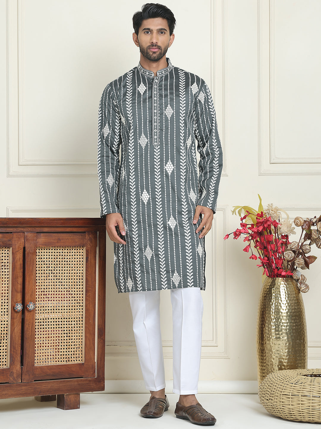 Embroidery and mirror work straight Kurta Set, ( JOKP P 5199 Grey )