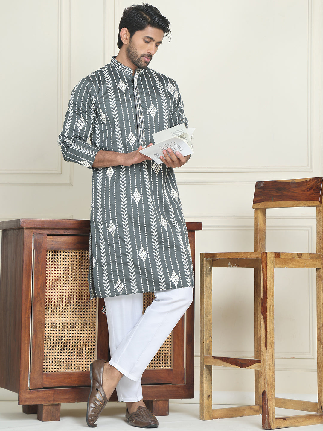 Embroidery and mirror work straight Kurta Set, ( JOKP P 5199 Grey )