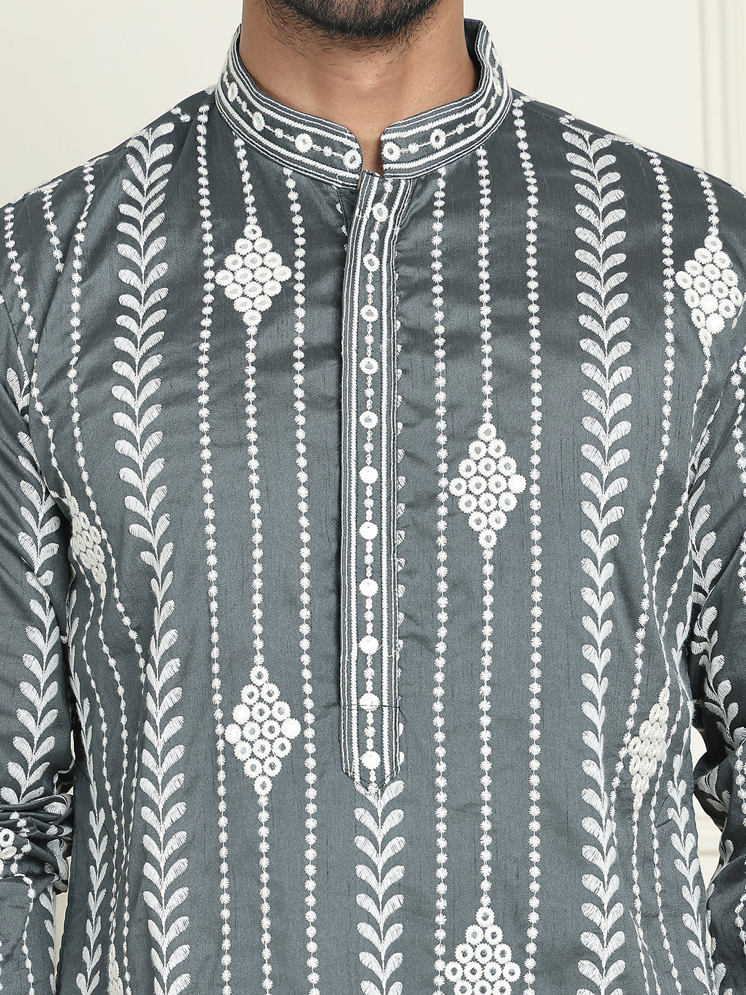 Embroidery and mirror work straight Kurta Set, ( JOKP P 5199 Grey )