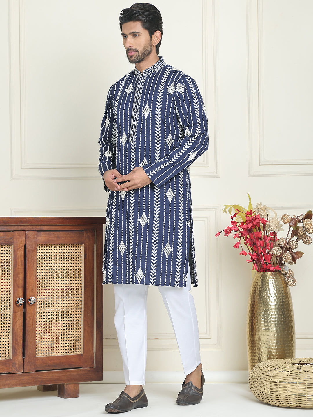 Embroidery and mirror work straight Kurta Set, ( JOKP P 5199 Navy )