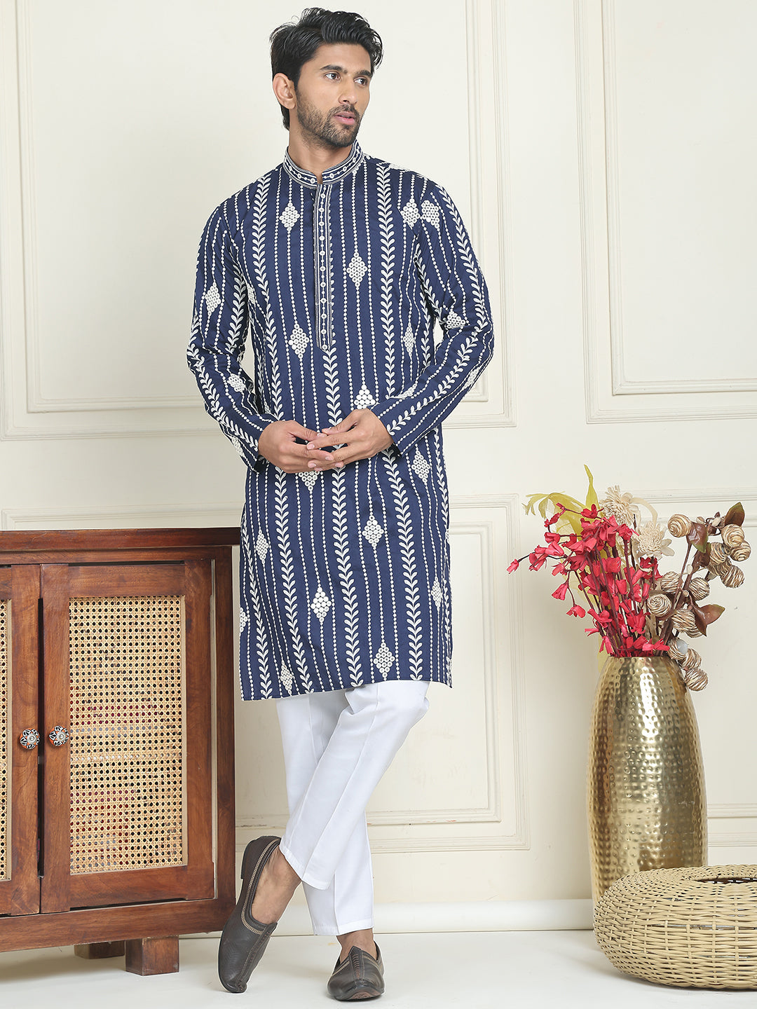 Embroidery and mirror work straight Kurta Set, ( JOKP P 5199 Navy )