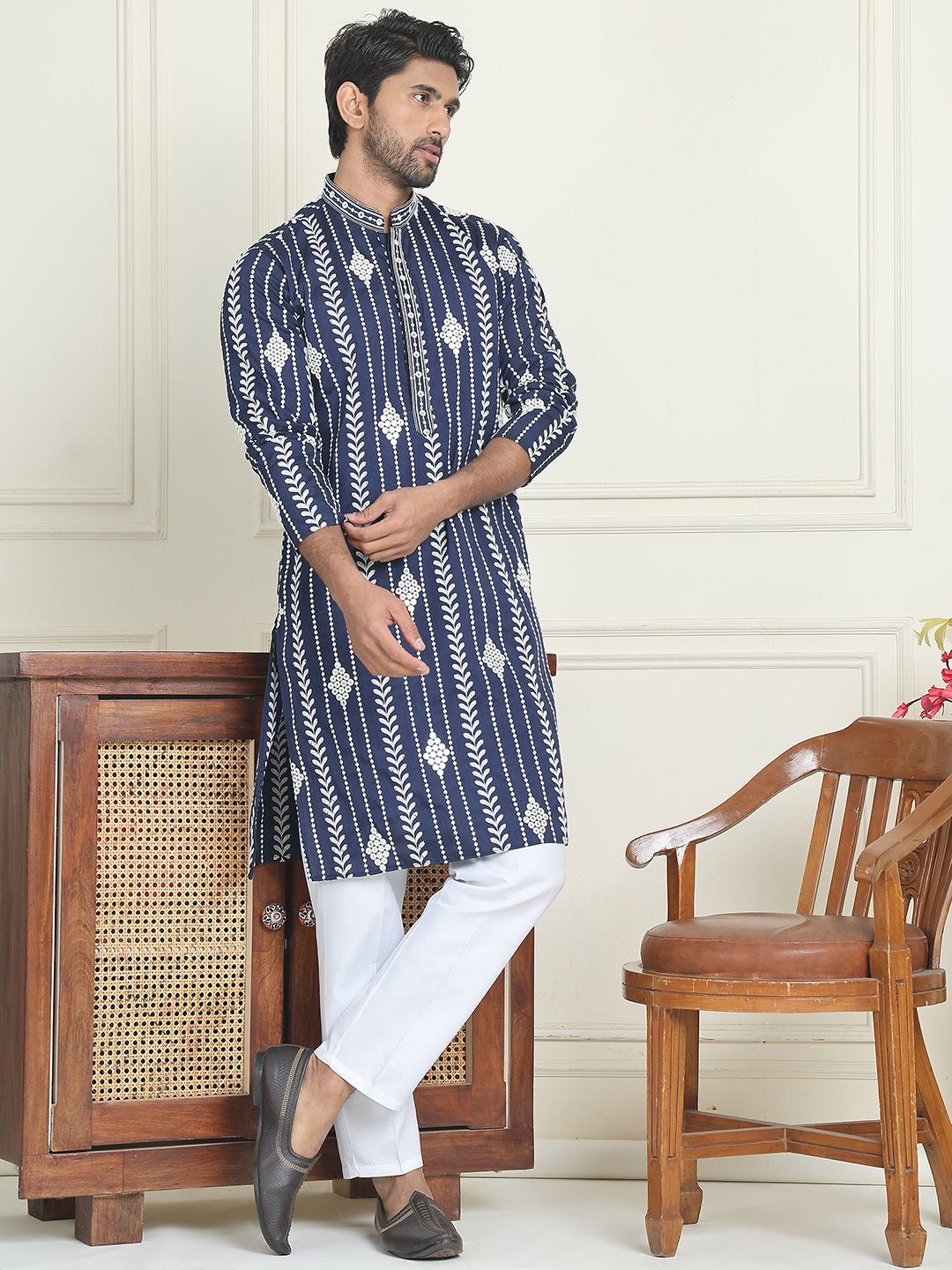Embroidery and mirror work straight Kurta Set, ( JOKP P 5199 Navy )