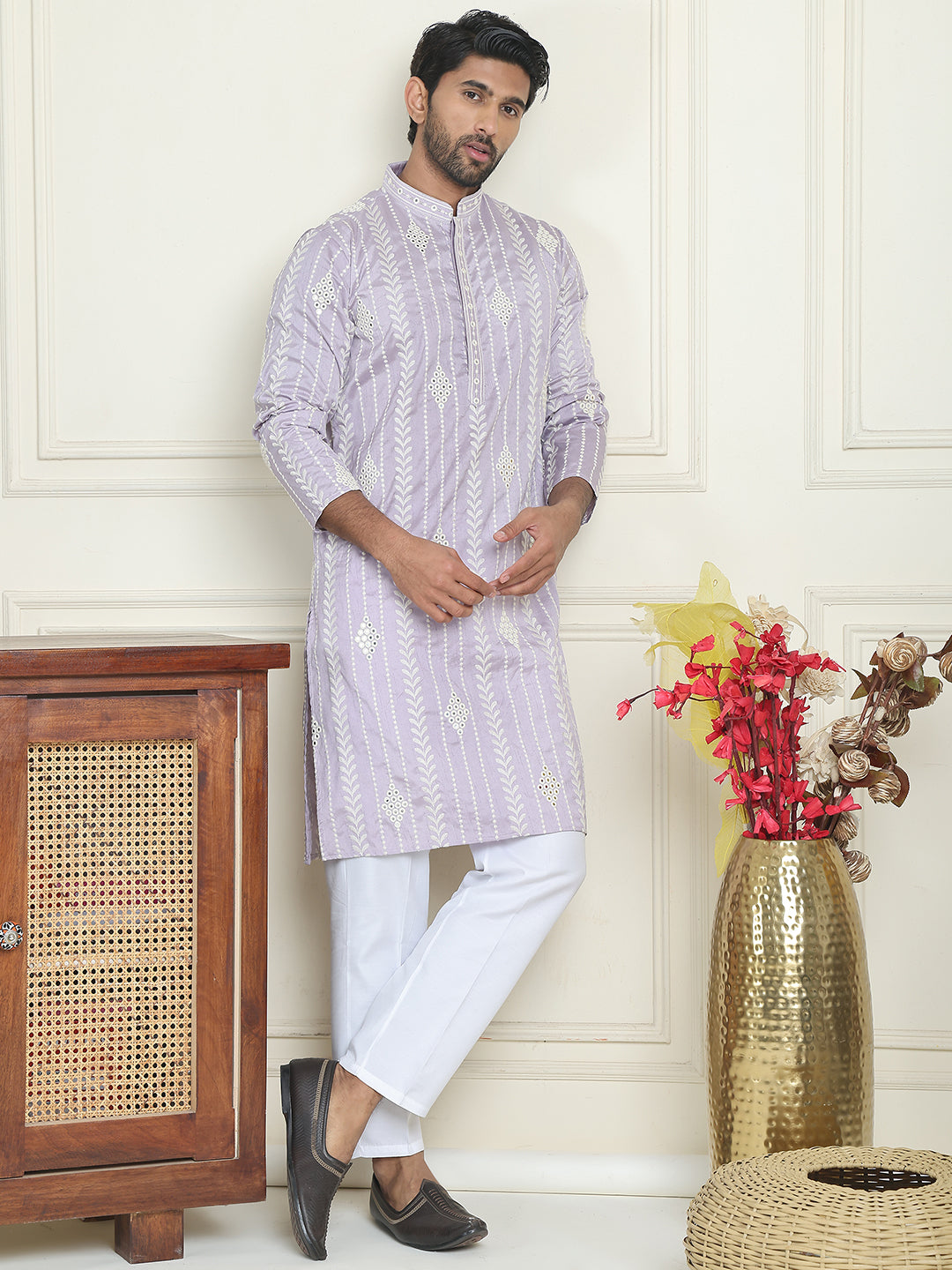 Embroidery and mirror work straight Kurta Set, ( JOKP P 5199 lavender )