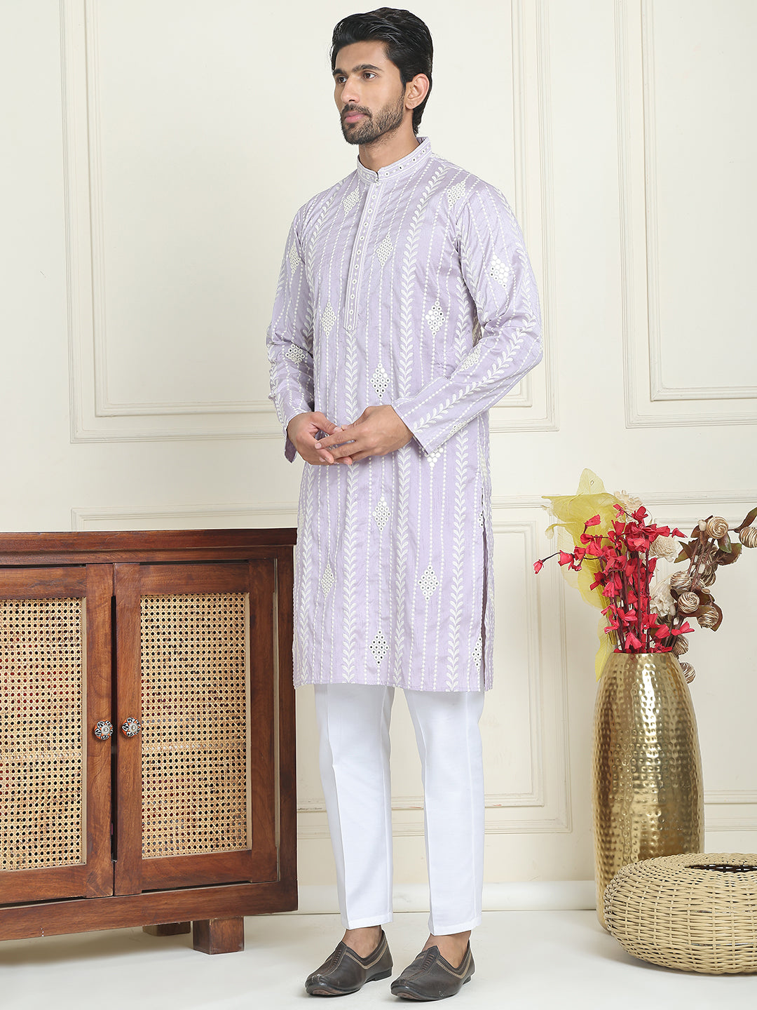 Embroidery and mirror work straight Kurta Set, ( JOKP P 5199 lavender )