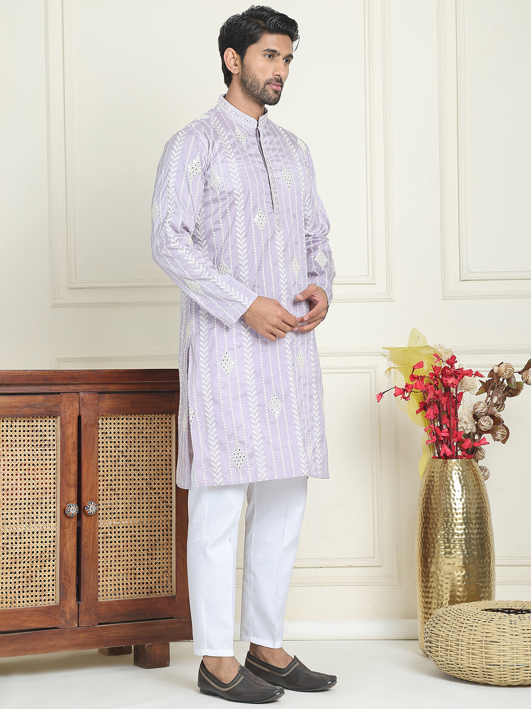 Embroidery and mirror work straight Kurta Set, ( JOKP P 5199 lavender )