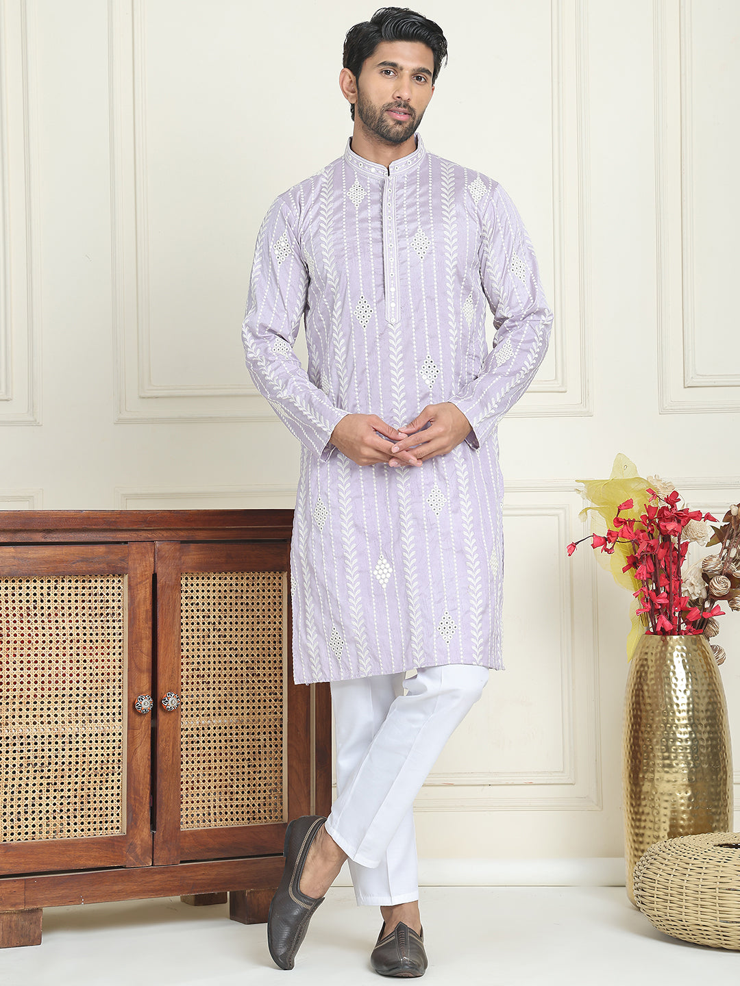 Embroidery and mirror work straight Kurta Set, ( JOKP P 5199 lavender )