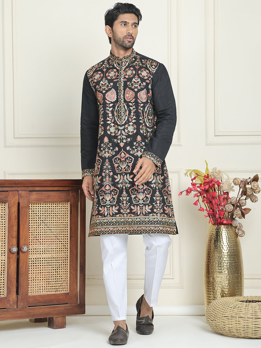 Floral Embroidered Straight Kurta Set ( JOKP P 5200 Black ) [FF] [H-7]