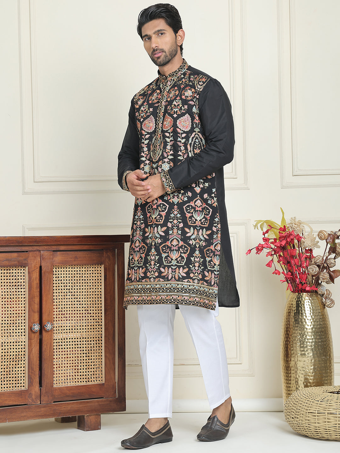Floral Embroidered Straight Kurta Set ( JOKP P 5200 Black ) [FF] [H-7]