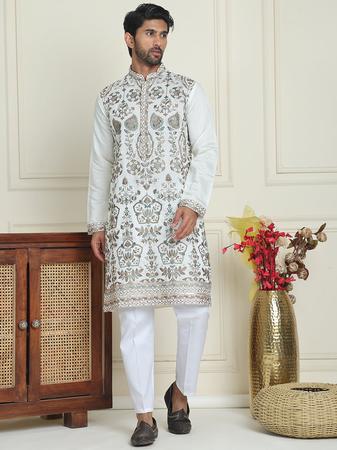 Floral Embroidered Straight Kurta Set ( JOKP P 5200 White )
