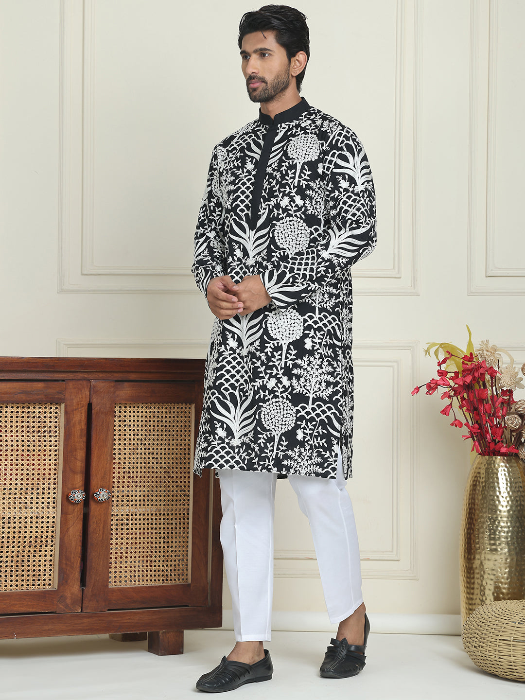 Embroidered Silk Blend Kurta Pyjama Set ( JOKP P 5201 Black )
