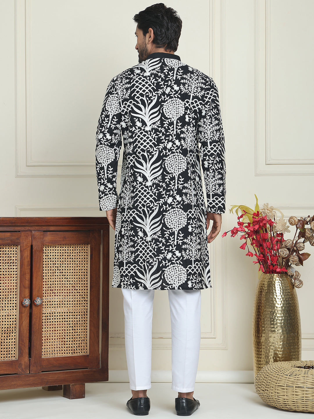 Embroidered Silk Blend Kurta Pyjama Set ( JOKP P 5201 Black )