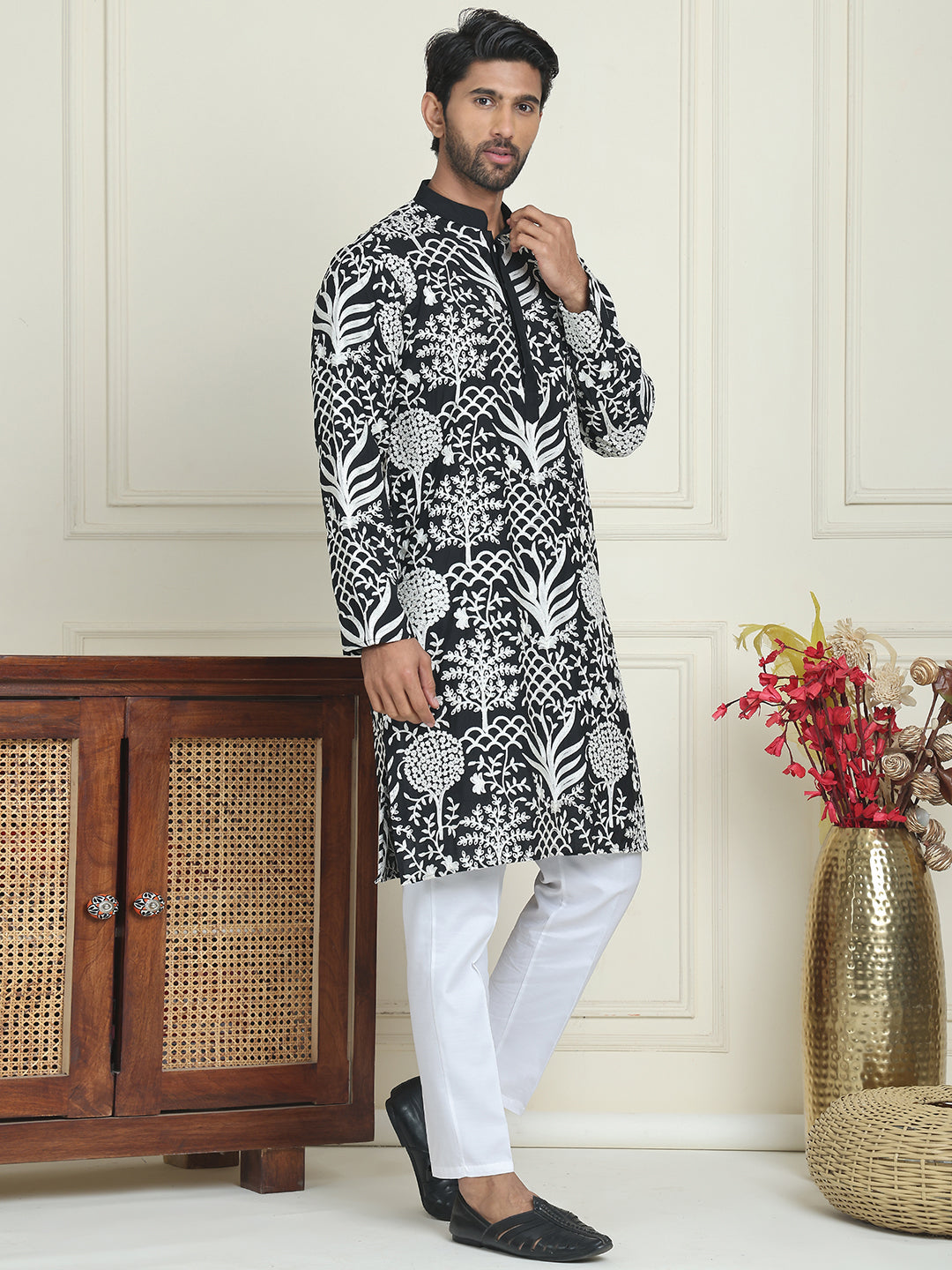 Embroidered Silk Blend Kurta Pyjama Set ( JOKP P 5201 Black )