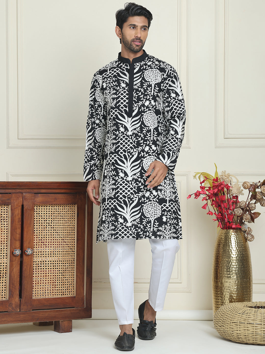 Embroidered Silk Blend Kurta Pyjama Set ( JOKP P 5201 Black )