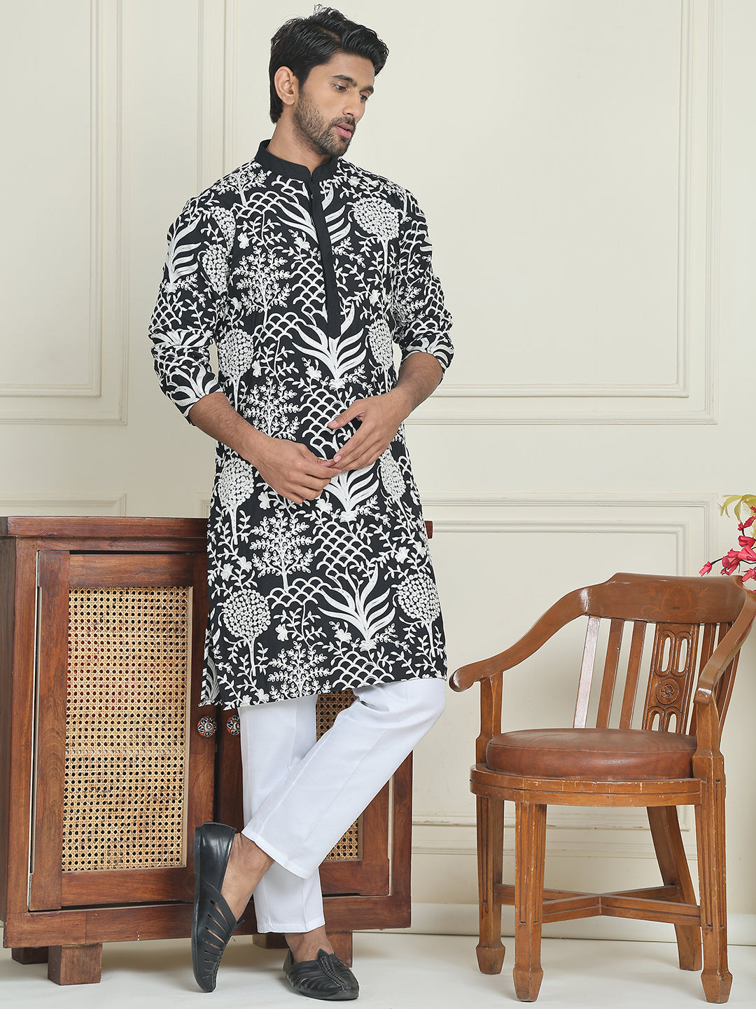 Embroidered Silk Blend Kurta Pyjama Set ( JOKP P 5201 Black )