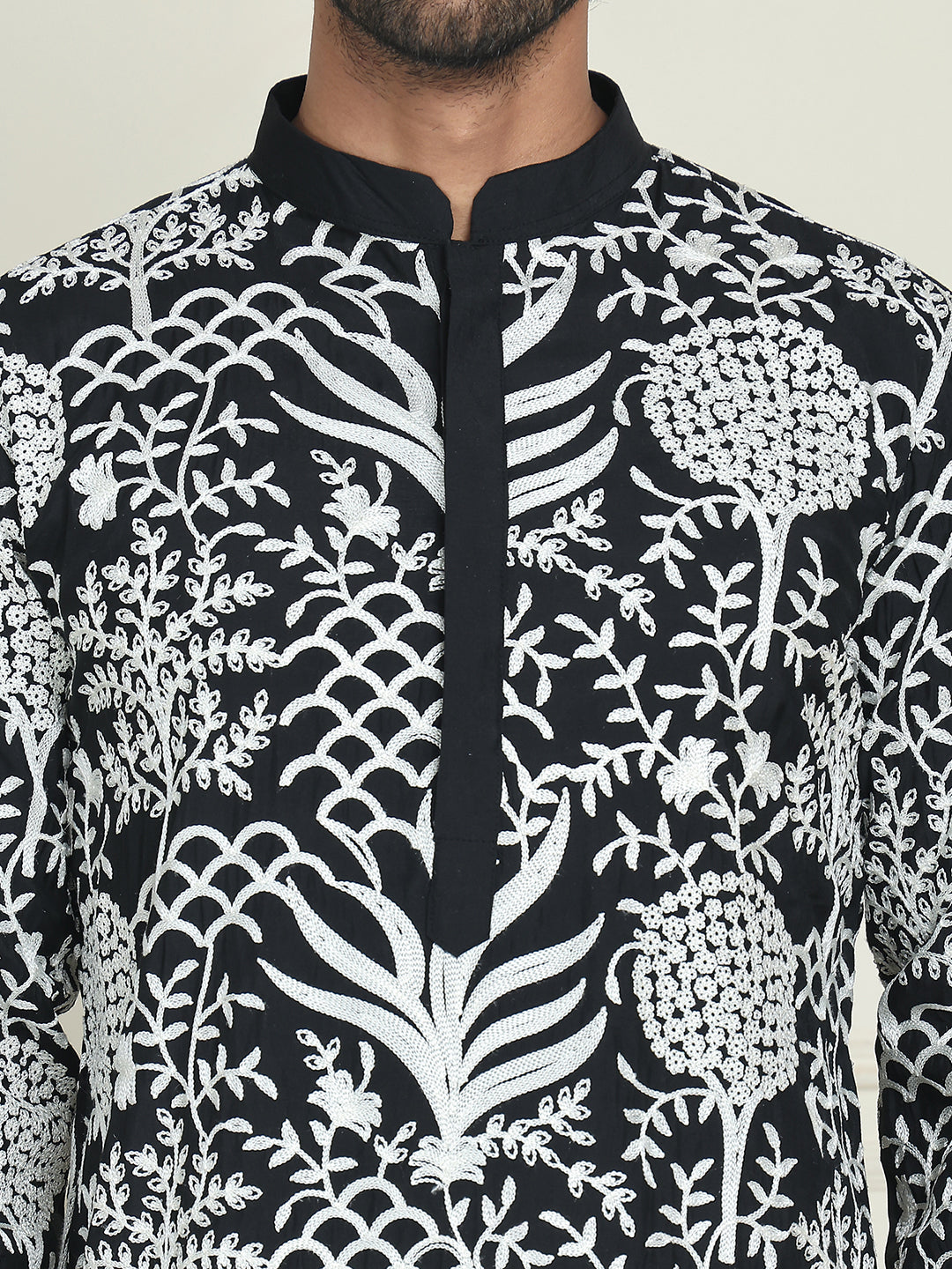 Embroidered Silk Blend Kurta Pyjama Set ( JOKP P 5201 Black )