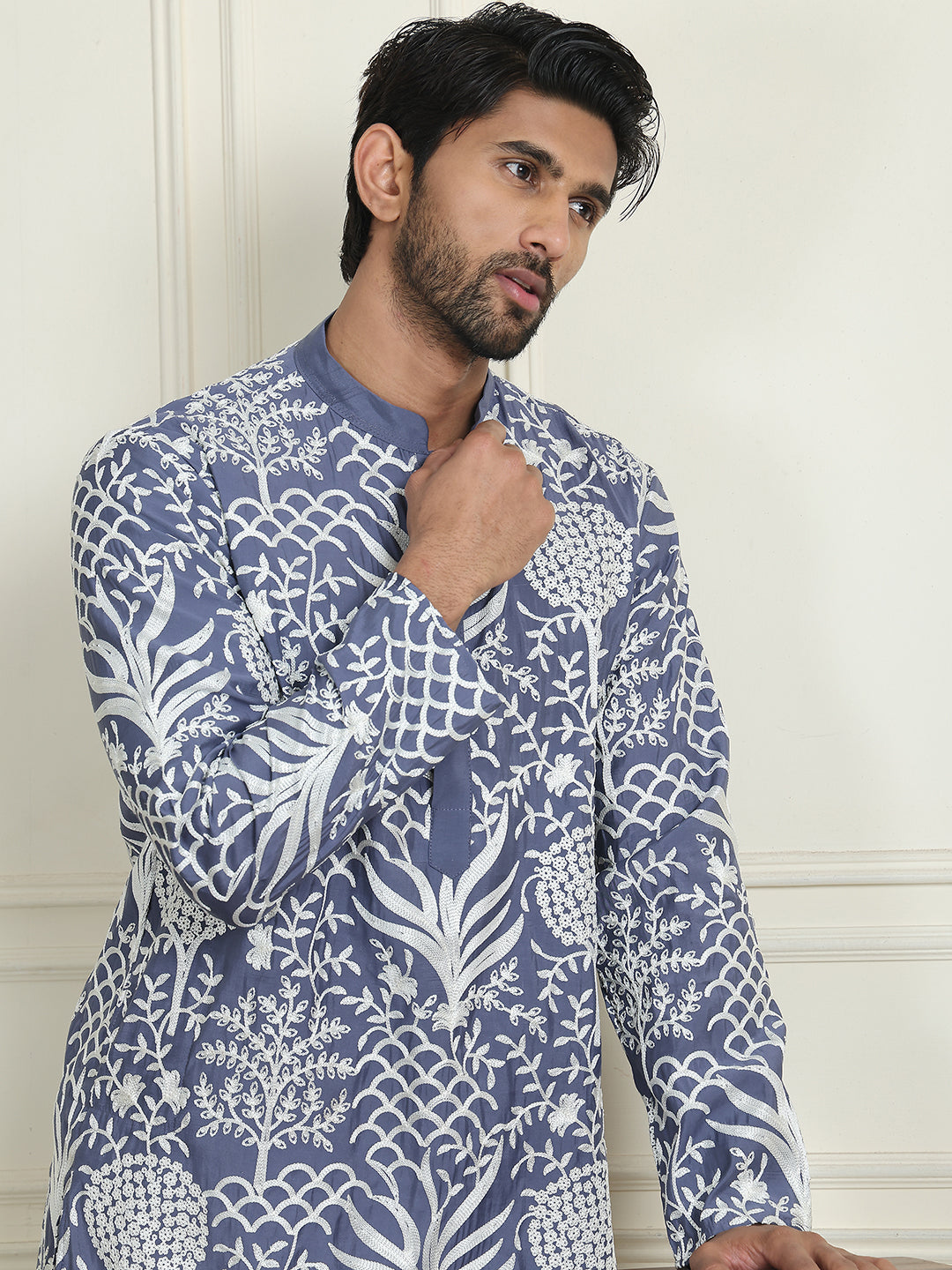 Embroidered Silk Blend Kurta Pyjama Set ( JOKP P 5201 Blue )