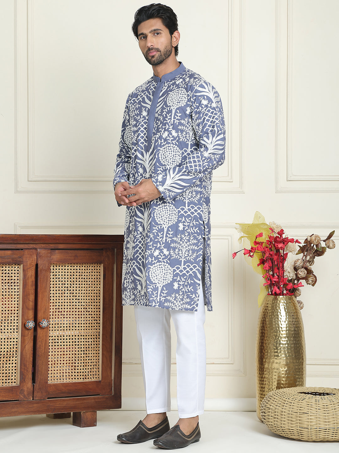Embroidered Silk Blend Kurta Pyjama Set ( JOKP P 5201 Blue )