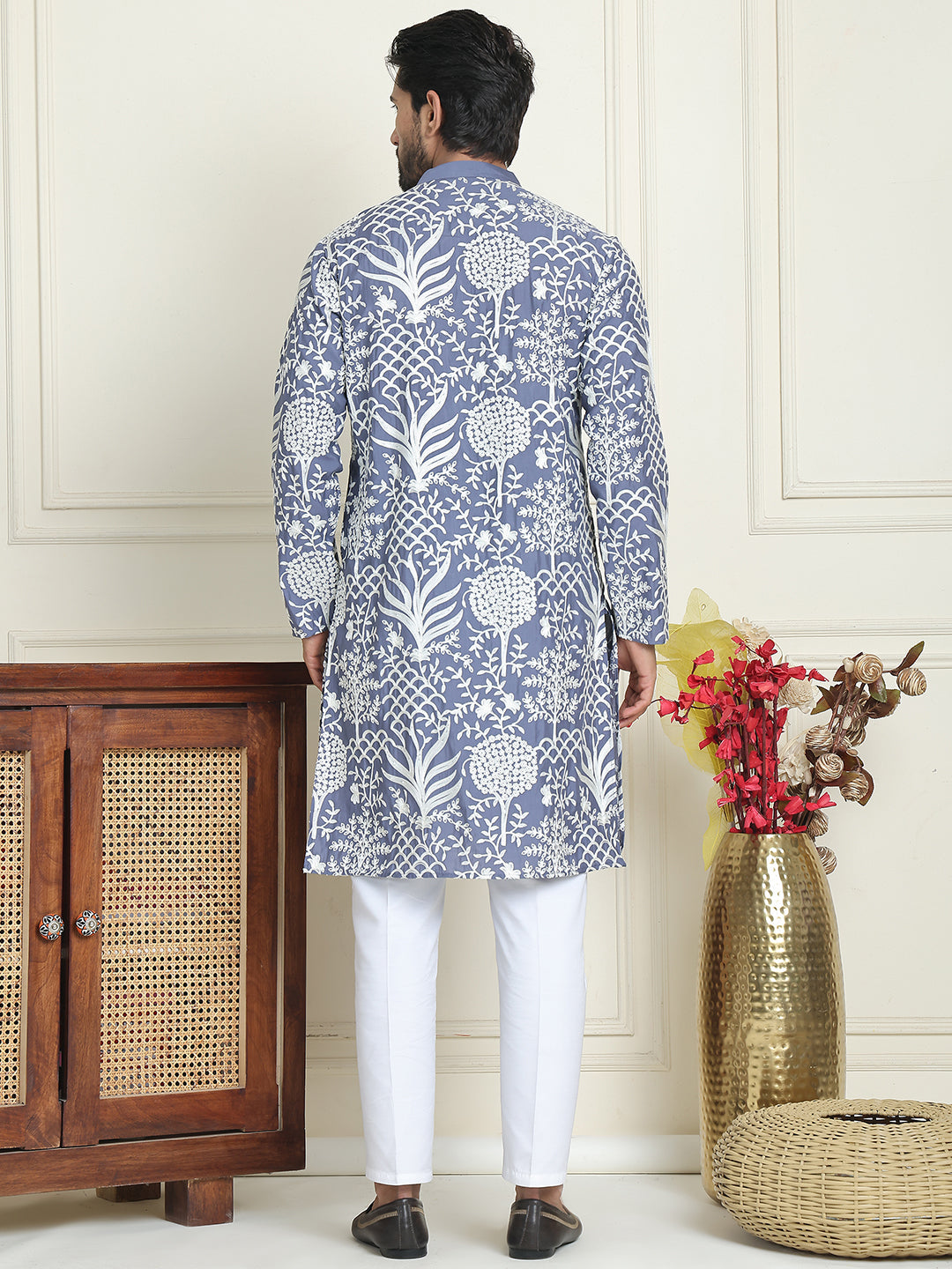 Embroidered Silk Blend Kurta Pyjama Set ( JOKP P 5201 Blue )