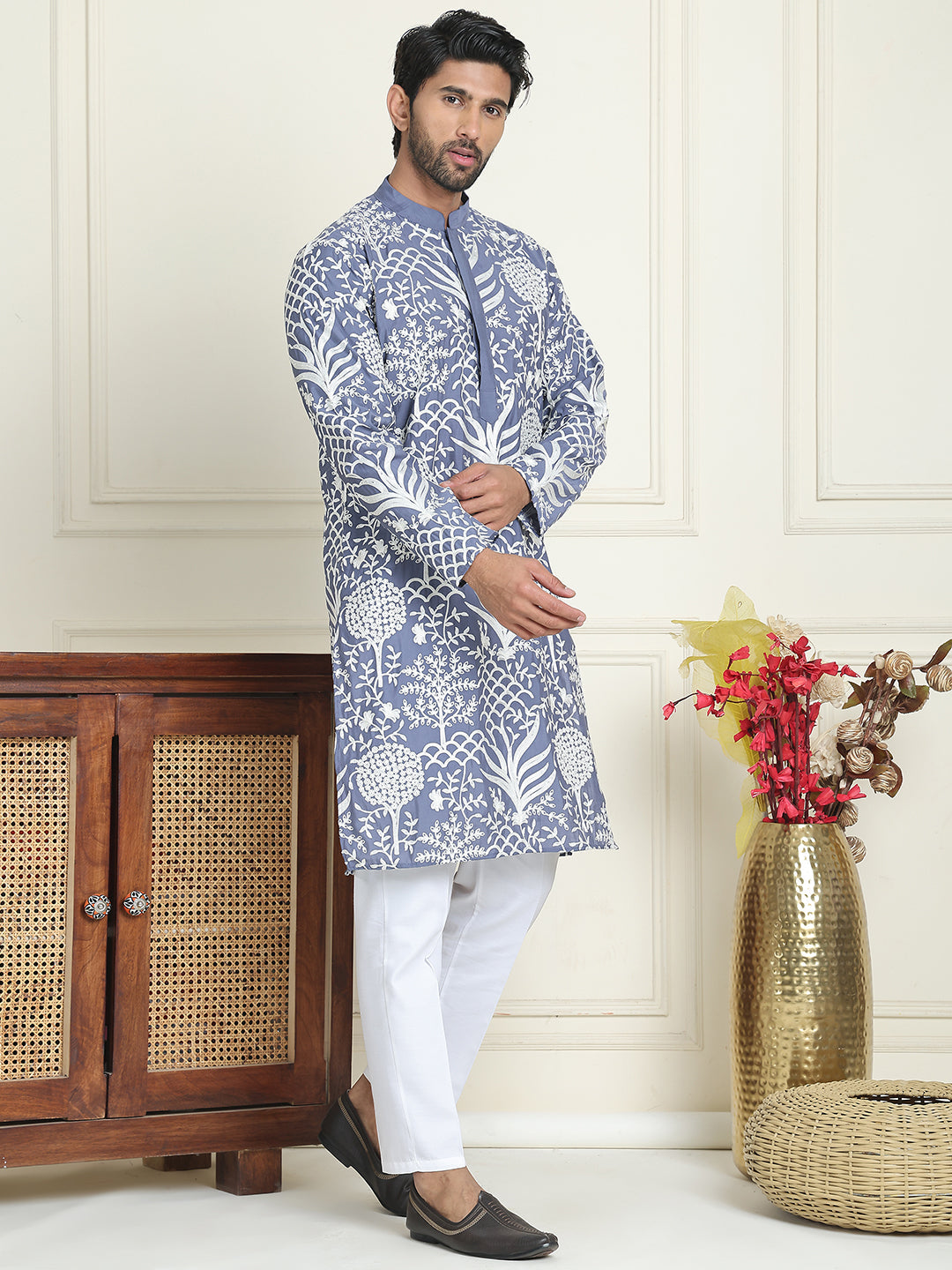Embroidered Silk Blend Kurta Pyjama Set ( JOKP P 5201 Blue )