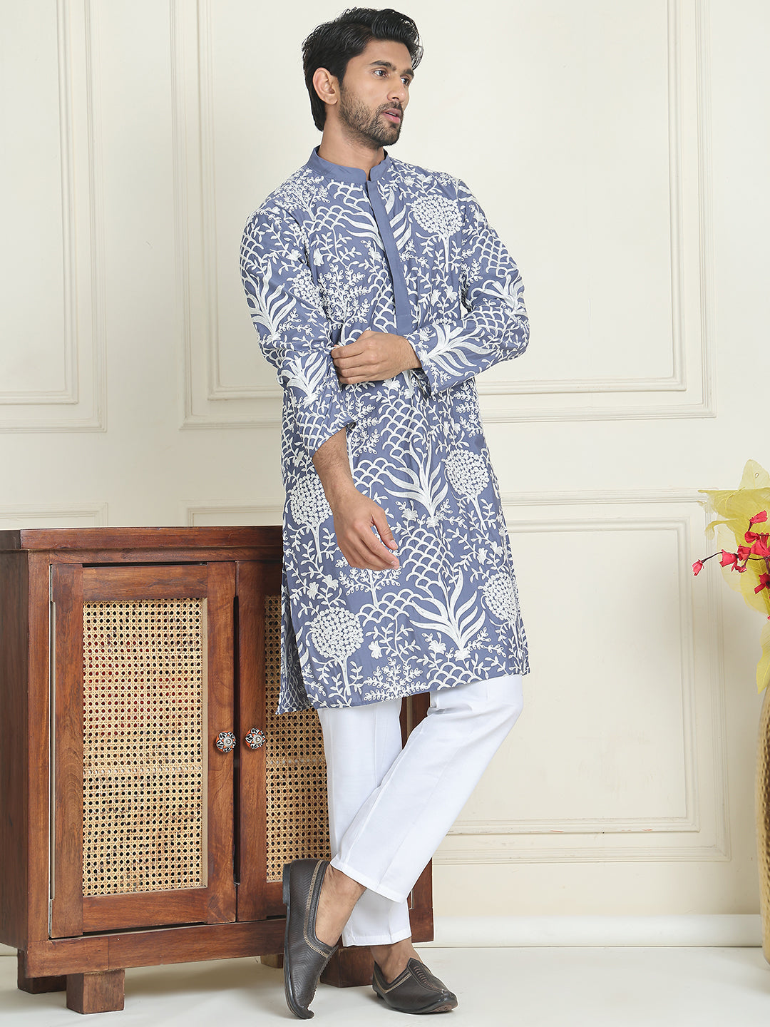 Embroidered Silk Blend Kurta Pyjama Set ( JOKP P 5201 Blue )