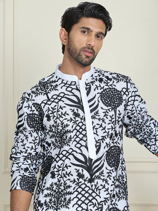 Embroidered Silk Blend Kurta Pyjama Set ( JOKP P 5201 White )