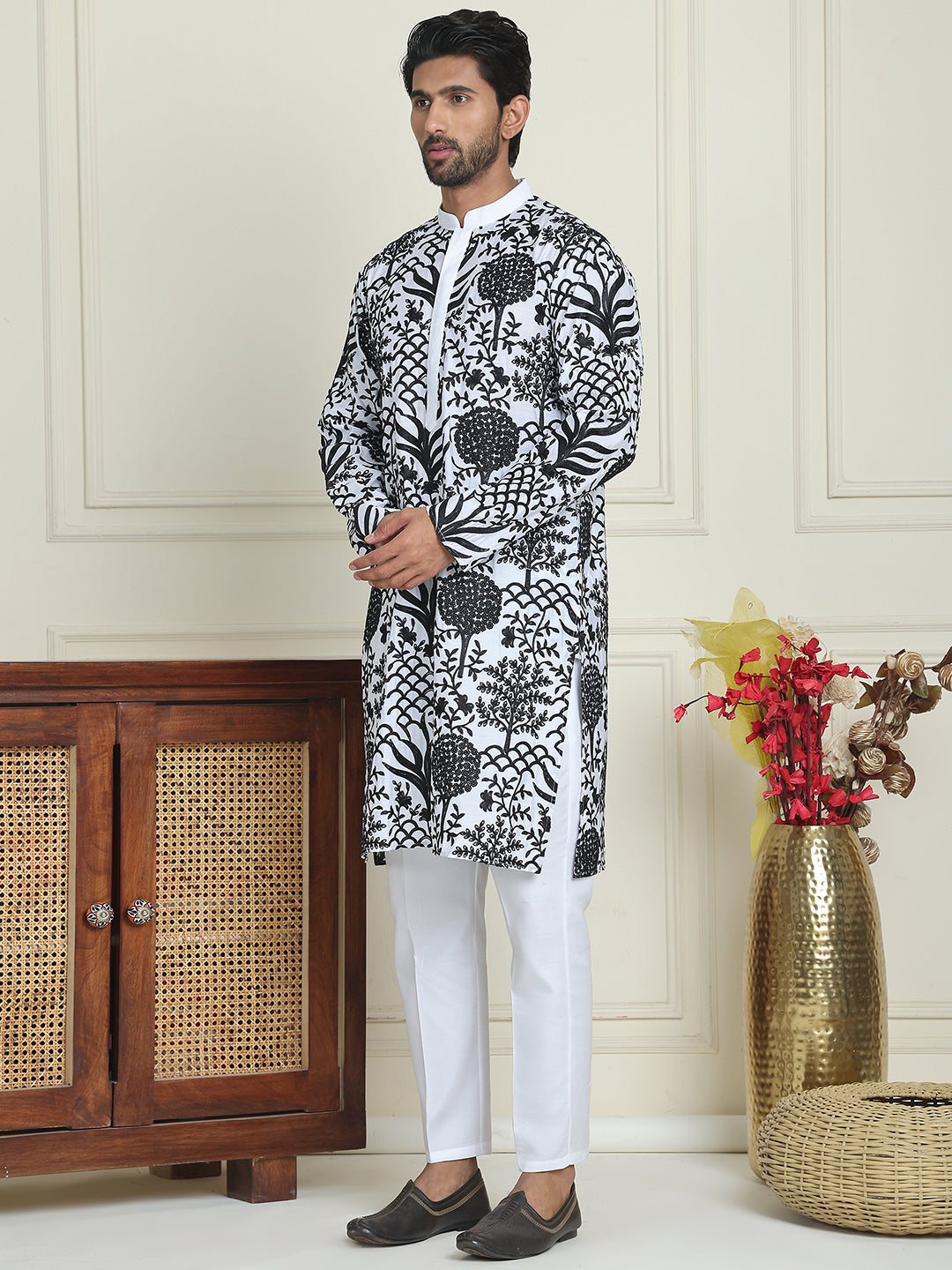 Embroidered Silk Blend Kurta Pyjama Set ( JOKP P 5201 White )
