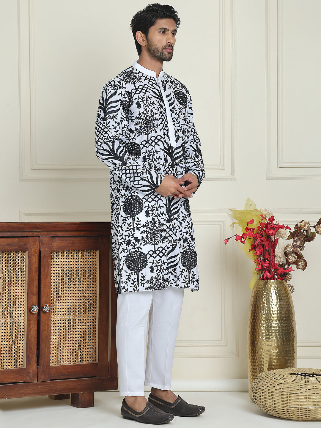 Embroidered Silk Blend Kurta Pyjama Set ( JOKP P 5201 White )