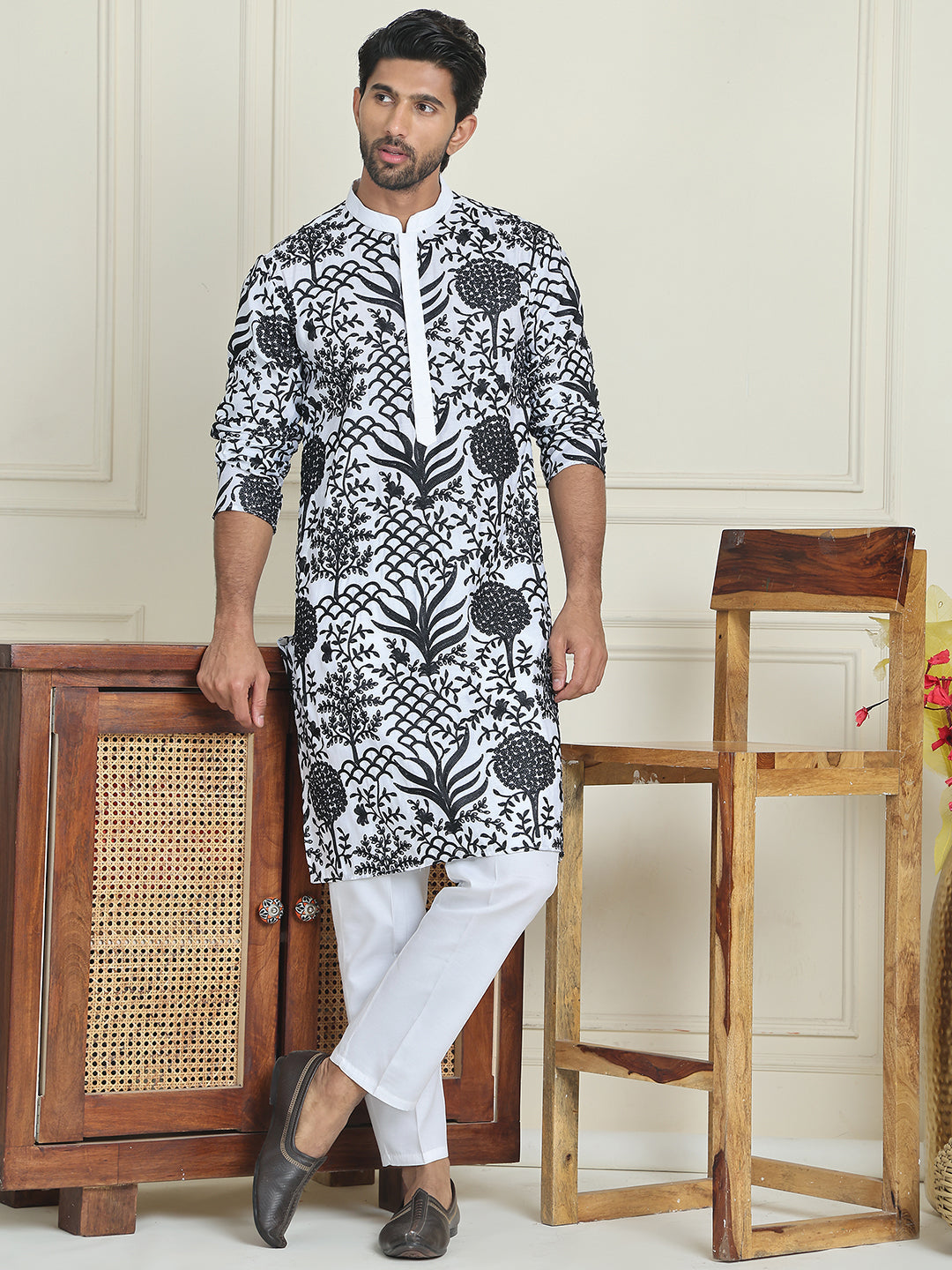 Embroidered Silk Blend Kurta Pyjama Set ( JOKP P 5201 White )