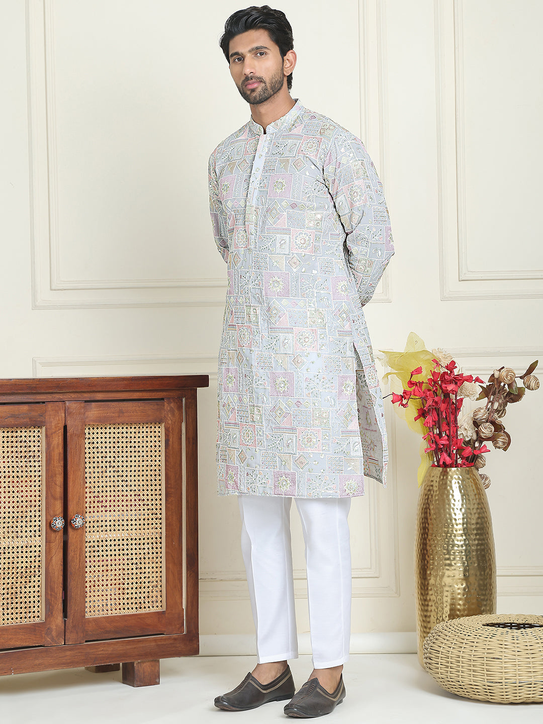 Embroidered Straight Kurta Pyjama For Men ( JOKP P 5202 Blue )